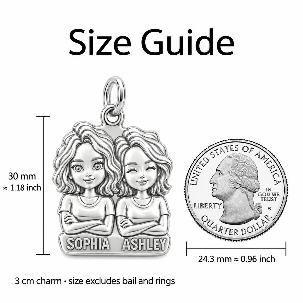 Best Friends Portrait Charm Bracelet – Personalized Bestie Gift – size guide, 3 cm charm next to a quarter