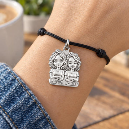Best Friends Portrait Charm Bracelet – Personalized Bestie Gift – worn on the wrist on a black cord bracelet