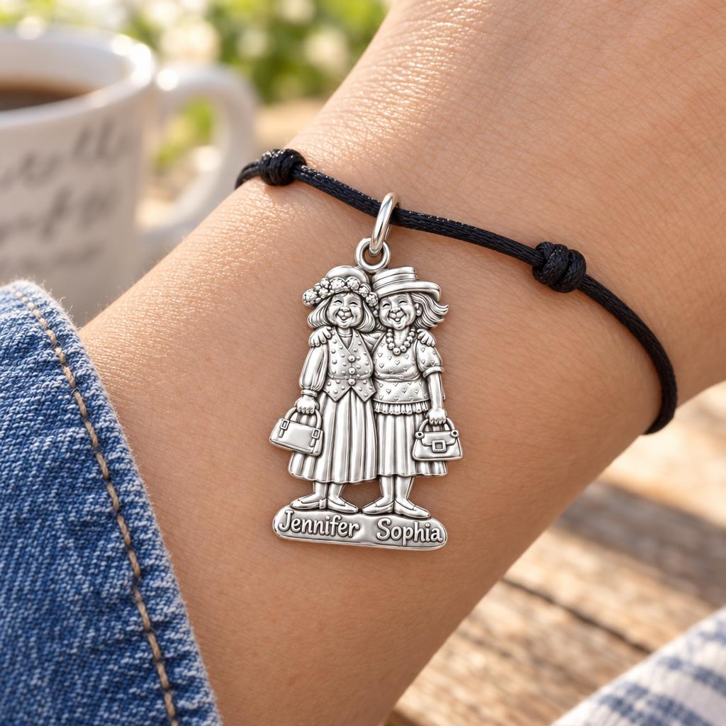 Best Friends Sunday Best Charm Bracelet – Personalized Friend Gift – worn on the wrist on a black cord bracelet