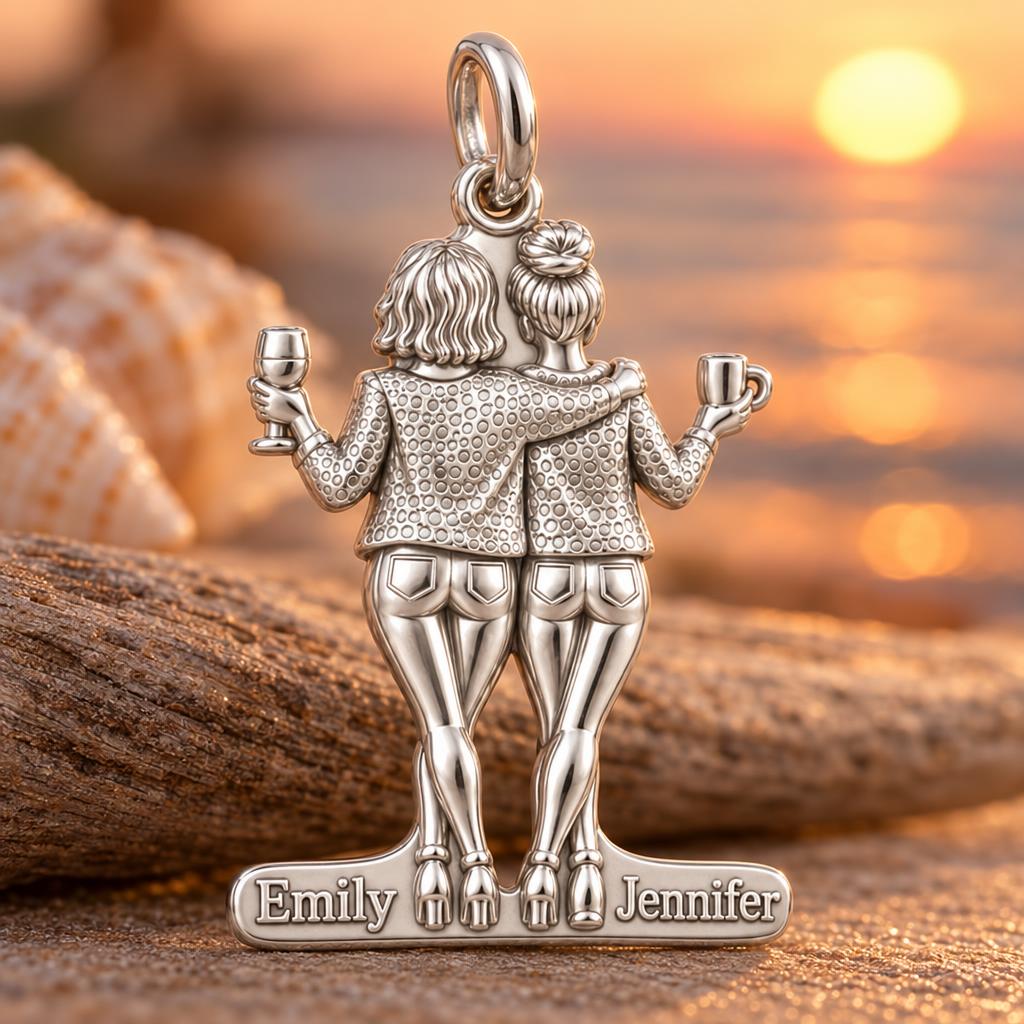 Best Friends Sunset Toast Charm Bracelet – Personalized Bestie Gift – macro detail of the charm