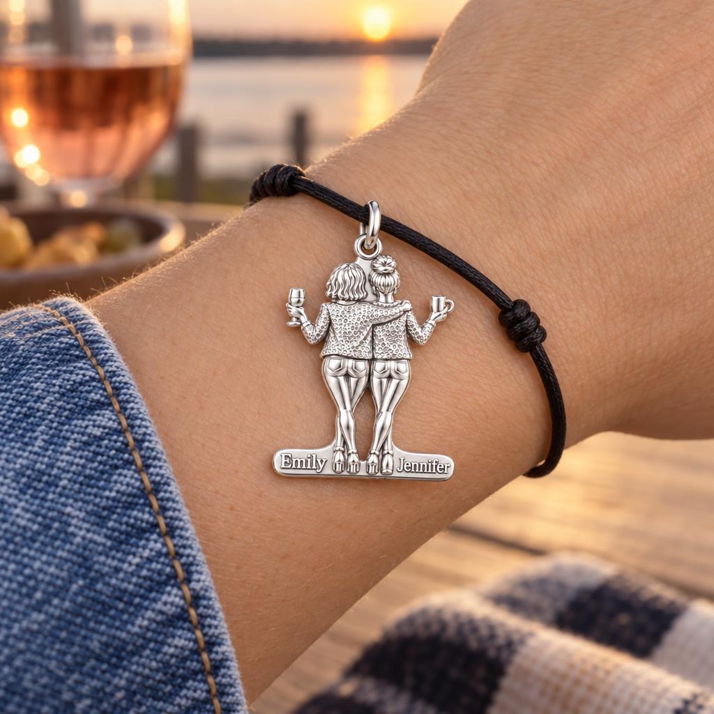 Best Friends Sunset Toast Charm Bracelet – Personalized Bestie Gift – worn on the wrist on a black cord bracelet