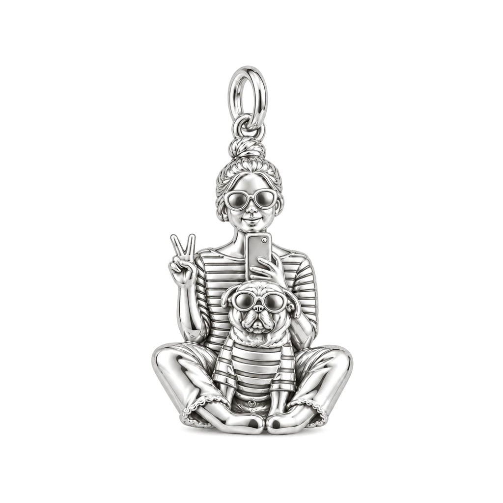 Bestie Selfie Pug Charm Bracelet – Personalized Dog Mom Gift – silver charm, front view