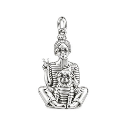 Bestie Selfie Pug Charm Bracelet – Personalized Dog Mom Gift – silver charm, front view