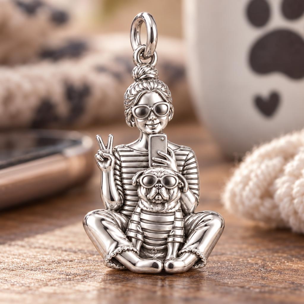 Bestie Selfie Pug Charm Bracelet – Personalized Dog Mom Gift – macro detail of the charm