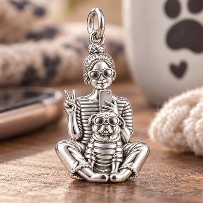 Bestie Selfie Pug Charm Bracelet – Personalized Dog Mom Gift – macro detail of the charm
