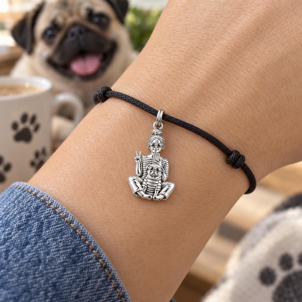 Bestie Selfie Pug Charm Bracelet – Personalized Dog Mom Gift – worn on the wrist on a black cord bracelet