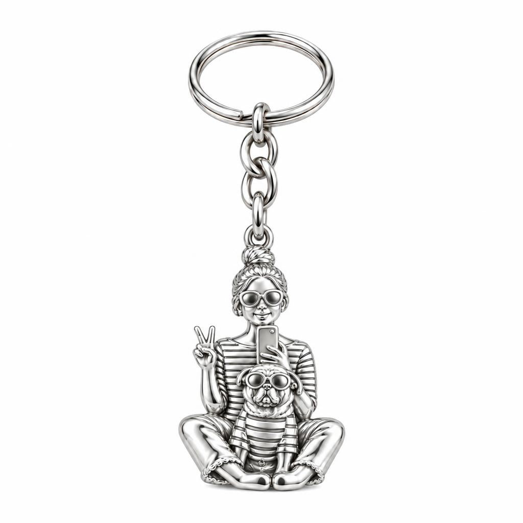 Bestie Selfie Pug Charm Keychain – silver, front view