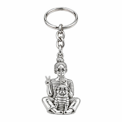 Bestie Selfie Pug Charm Keychain – silver, front view