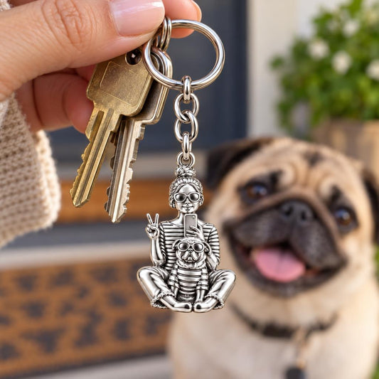 Bestie Selfie Pug Charm Keychain – worn / in use