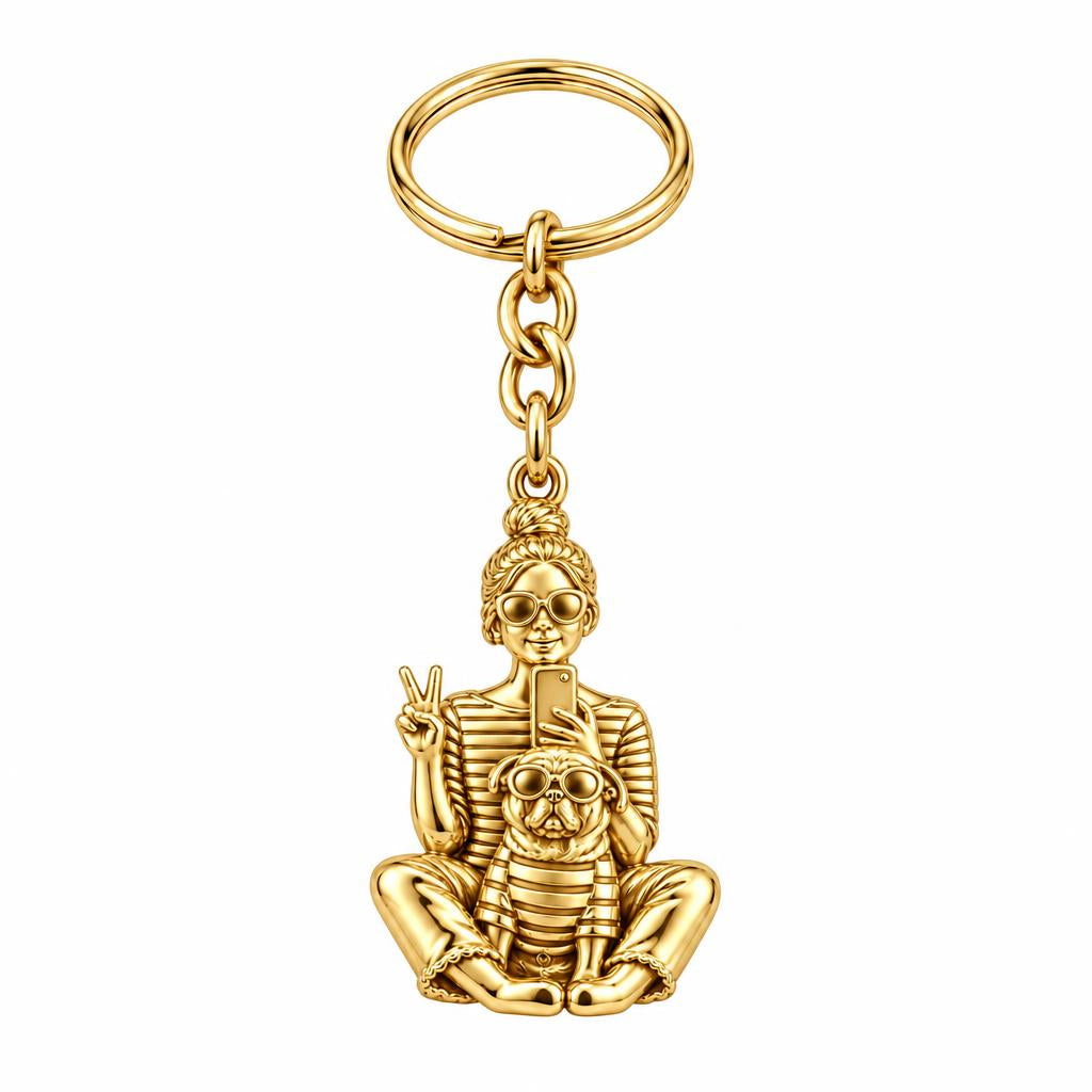 Bestie Selfie Pug Charm Keychain – 18K gold, front view