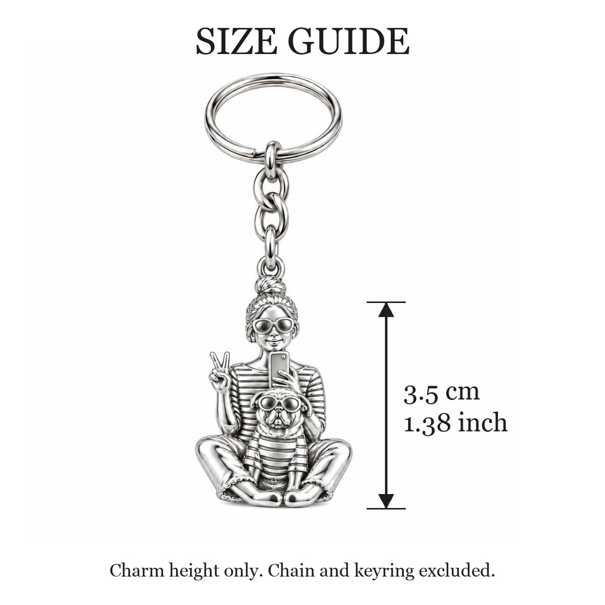 Bestie Selfie Pug Charm Keychain – size guide, 3.5 cm (1.38 in) charm, chain and keyring excluded