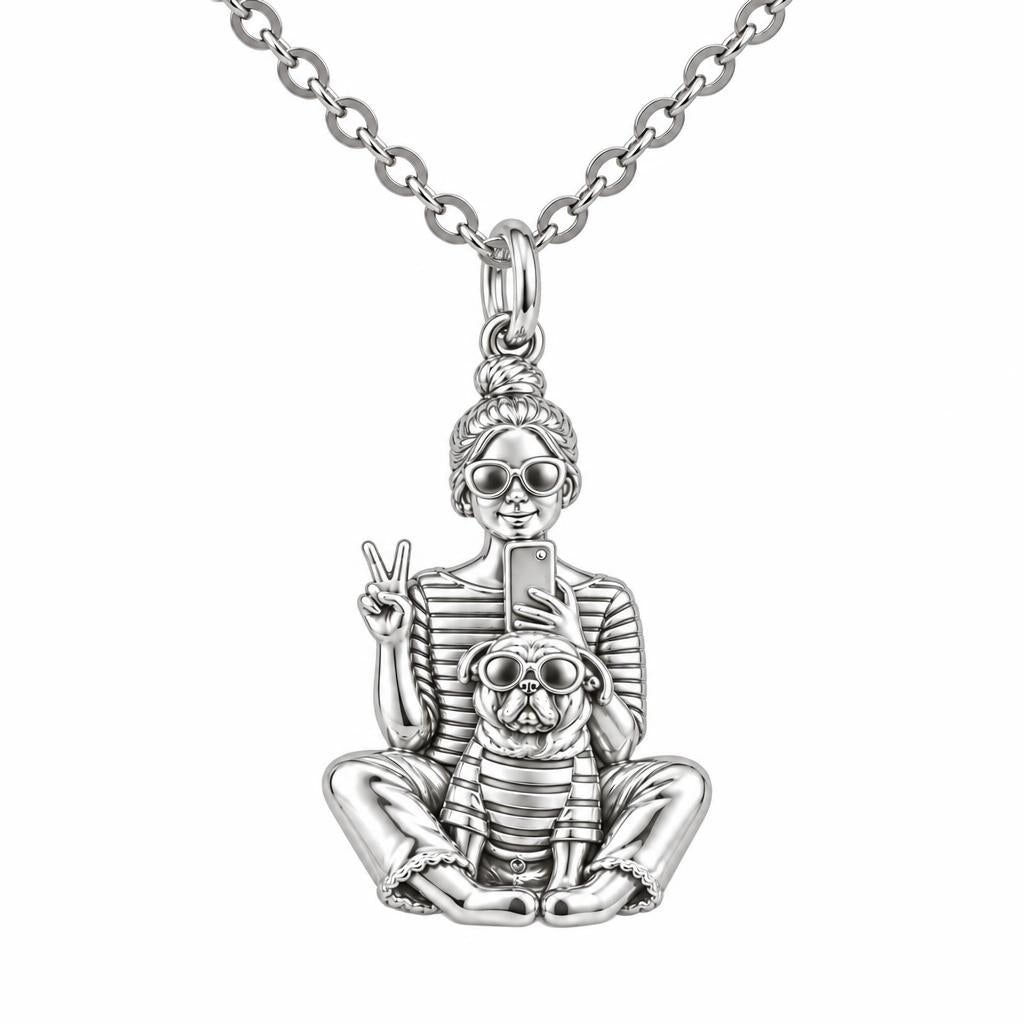 Bestie Selfie Pug Charm Necklace Set – silver, front view