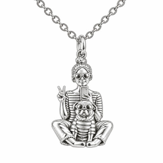 Bestie Selfie Pug Charm Necklace Set – silver, front view