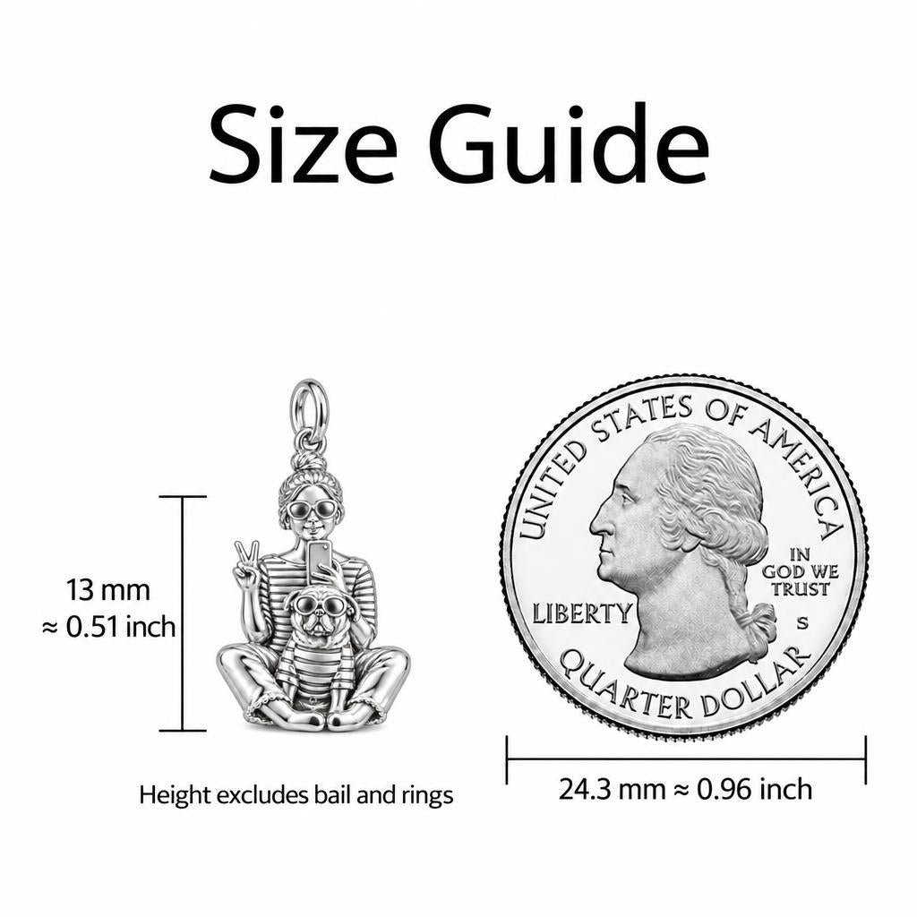 Bestie Selfie Pug Charm Necklace Set – size guide, 13 mm charm next to a quarter