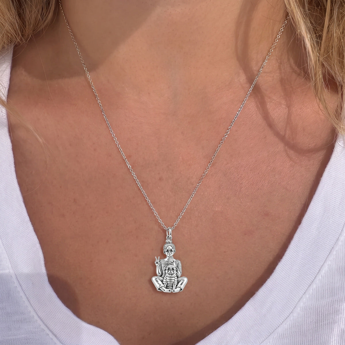 Bestie Selfie Pug Charm Necklace Set – worn / in use