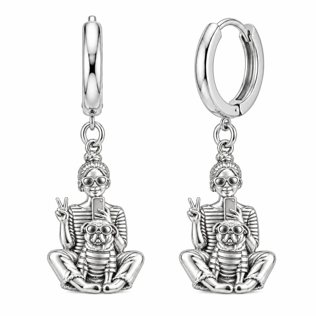 Bestie Selfie Pug Huggie Charm Earrings – silver, front view