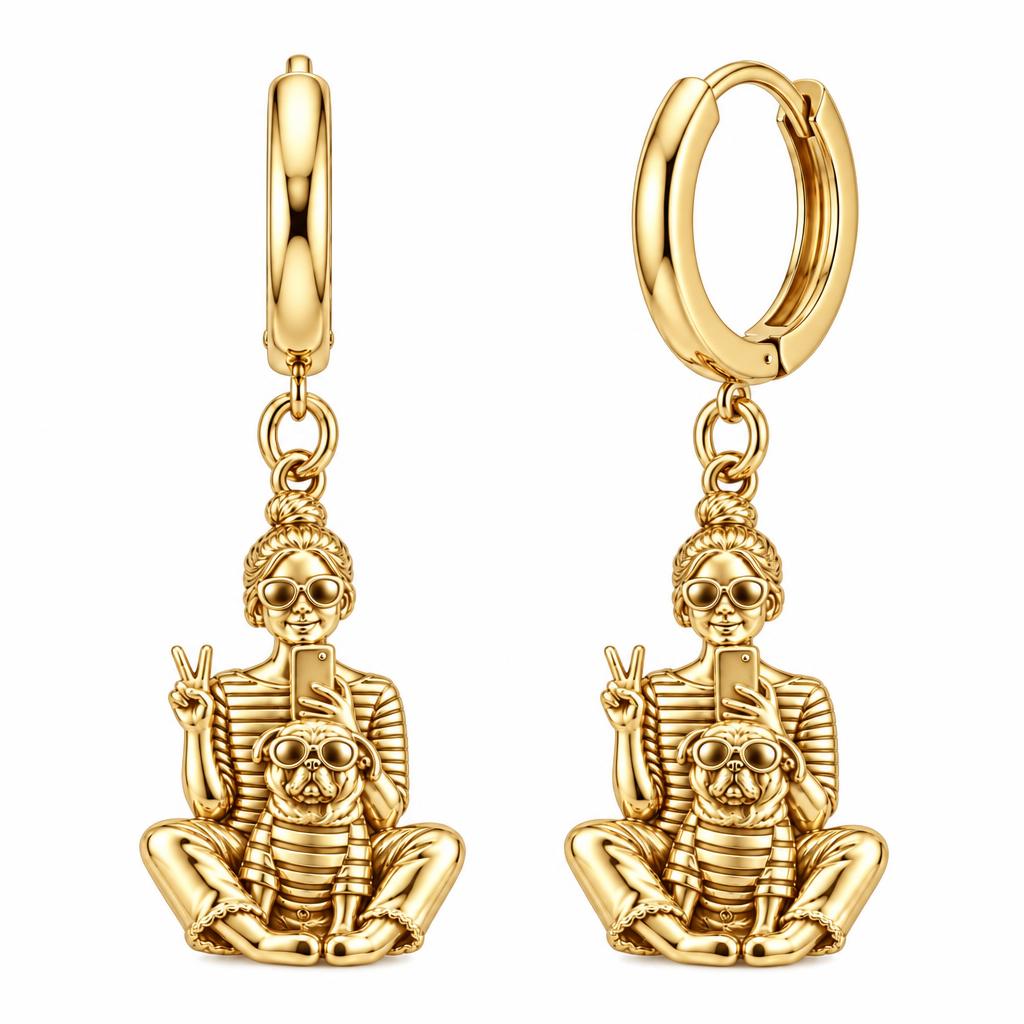 Bestie Selfie Pug Huggie Charm Earrings – 18K gold, front view