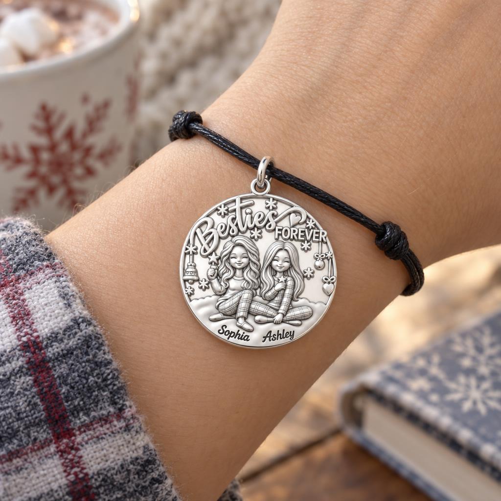 Besties Forever Charm Bracelet – Personalized Friend Gift – worn on the wrist on a black cord bracelet