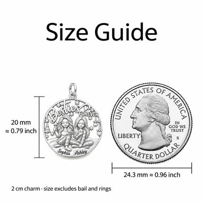 Besties Forever Winter Slumber Charm Necklace Set – size guide, 13 mm charm next to a quarter