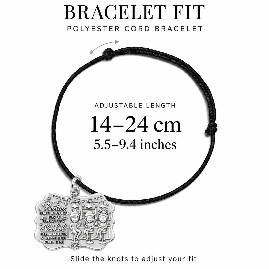 Besties Holiday Lounge Charm Bracelet – Personalized Bestie Gift – adjustable black cord bracelet, 14–24 cm