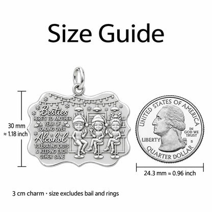 Besties Holiday Lounge Charm Bracelet – Personalized Bestie Gift – size guide, 3 cm charm next to a quarter