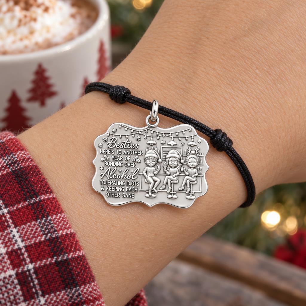 Besties Holiday Lounge Charm Bracelet – Personalized Bestie Gift – worn on the wrist on a black cord bracelet