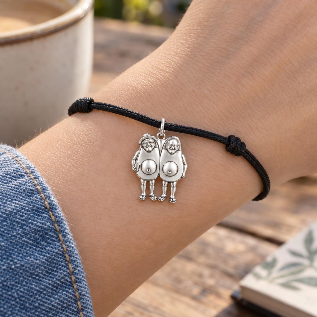 Better Together Avocado Charm Bracelet – Personalized Couple Gift – worn on the wrist on a black cord bracelet