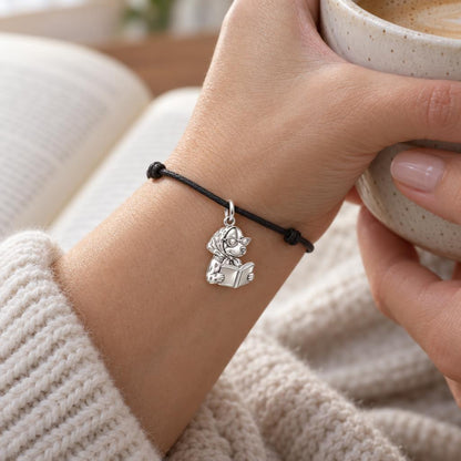 Bibliophile Pup in Headscarf Charm and Polyester Cord Bracelet Set