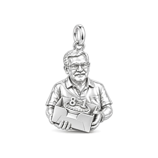 Birthday Cake Portrait Charm Bracelet – Personalized Dad Gift – silver charm, front view