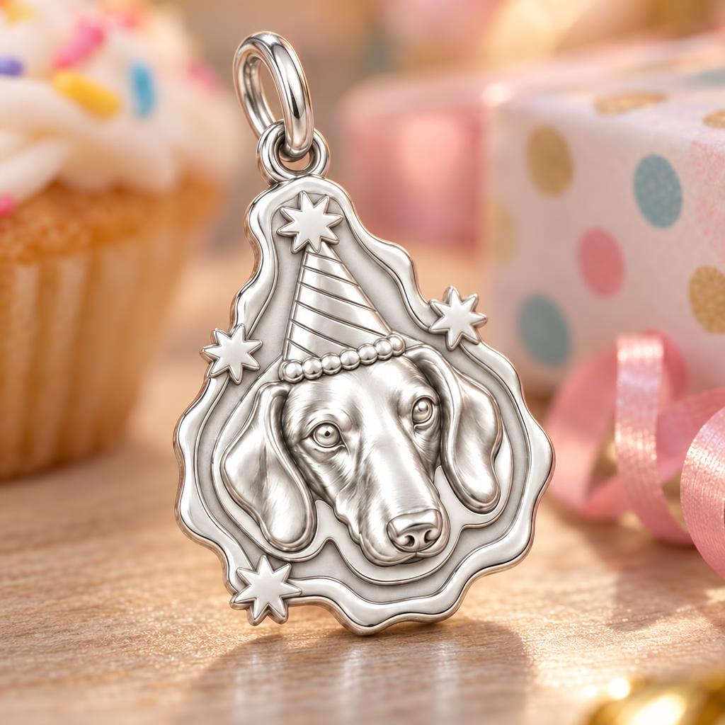 Birthday Party Pup Charm Bracelet – Personalized Dog Mom Gift – macro detail of the charm