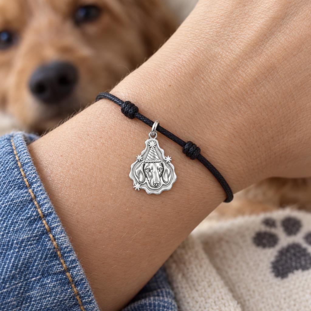 Birthday Party Pup Charm Bracelet – Personalized Dog Mom Gift – worn on the wrist on a black cord bracelet