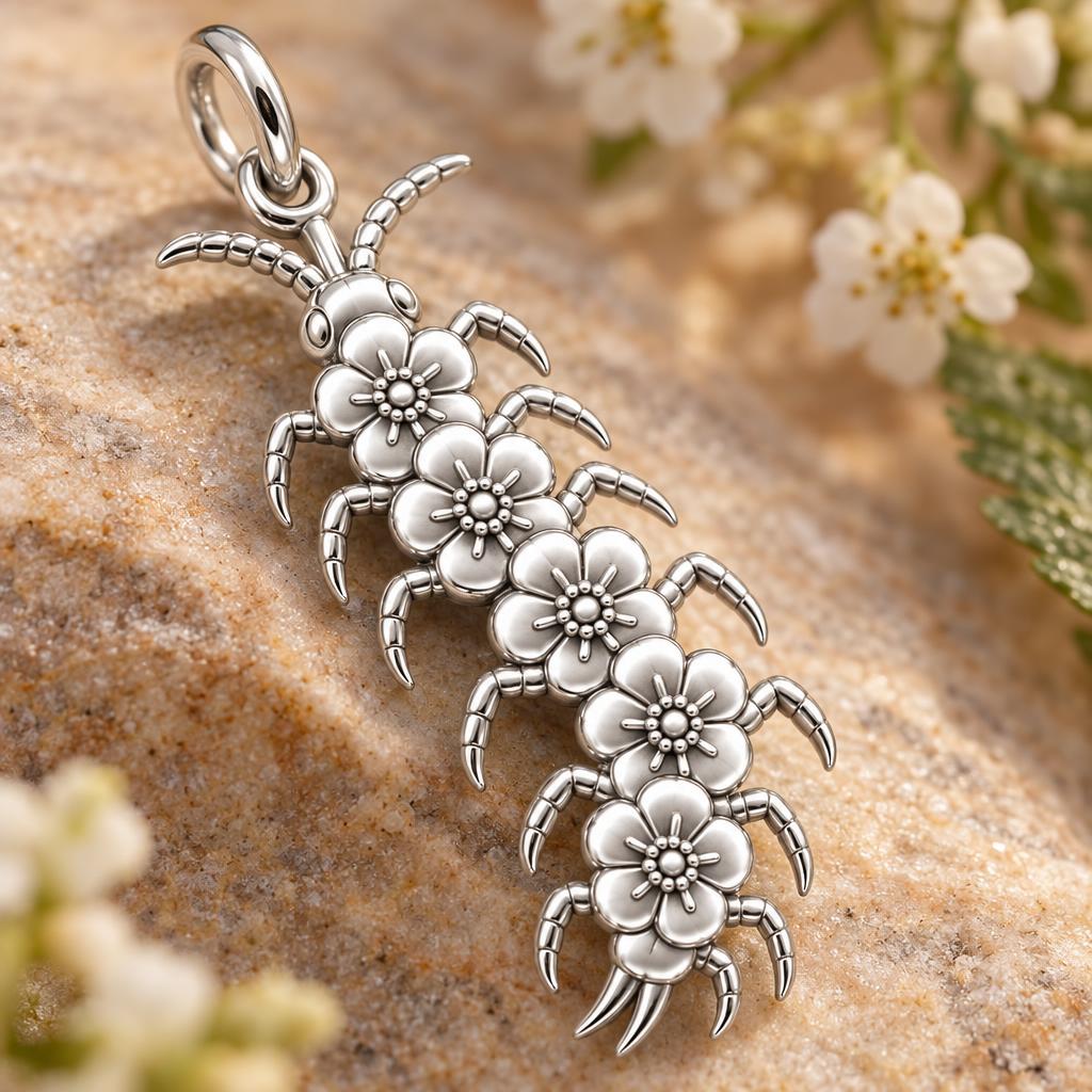 Blooming Centipede Charm Bracelet – Personalized Nature Gift – macro detail of the charm