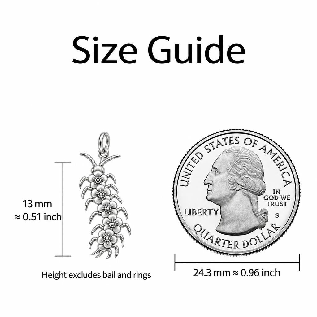 Blooming Centipede Charm Bracelet – Personalized Nature Gift – size guide, 13 mm charm next to a quarter