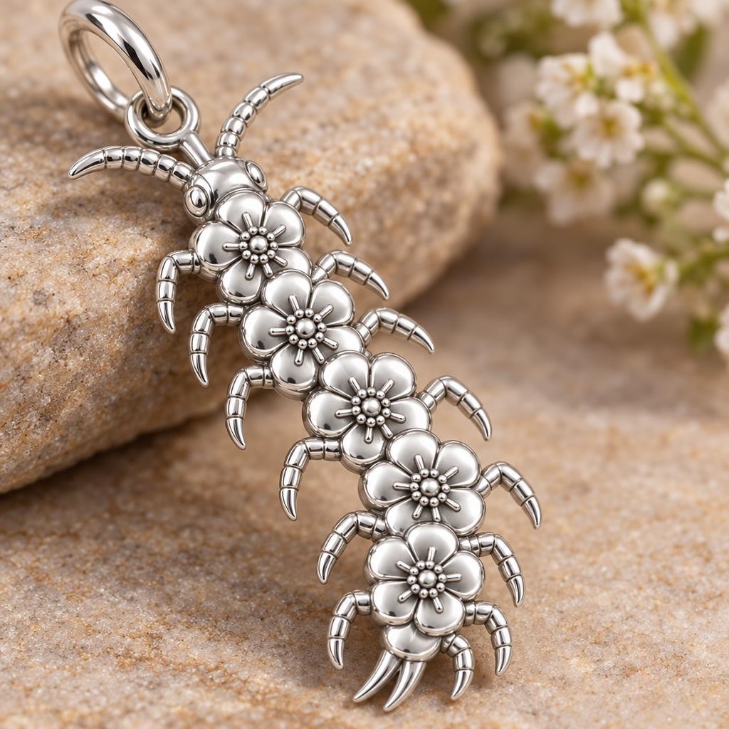Blooming Centipede Charm Bracelet – Personalized Nature Gift – macro detail of the charm