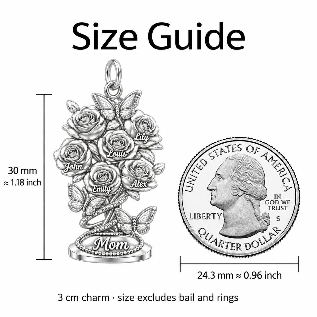 Blooming Garden Bouquet Charm Bracelet – Personalized Mom Gift – size guide, 3 cm charm next to a quarter