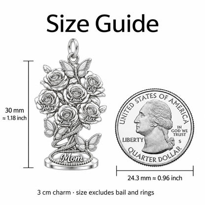 Blooming Garden Bouquet Charm Bracelet – Personalized Mom Gift – size guide, 3 cm charm next to a quarter