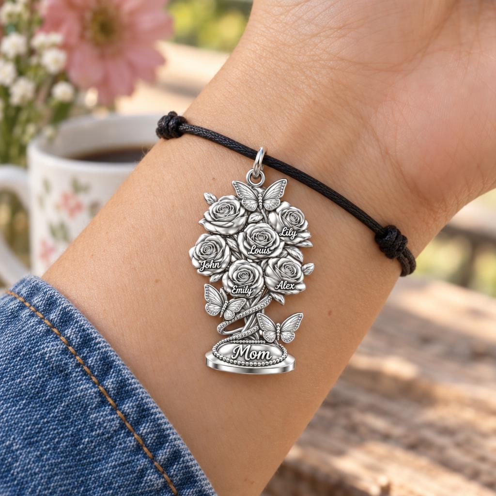 Blooming Garden Bouquet Charm Bracelet – Personalized Mom Gift – worn on the wrist on a black cord bracelet