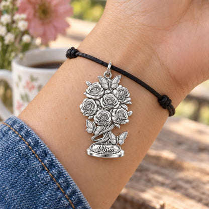 Blooming Garden Bouquet Charm Bracelet – Personalized Mom Gift – worn on the wrist on a black cord bracelet