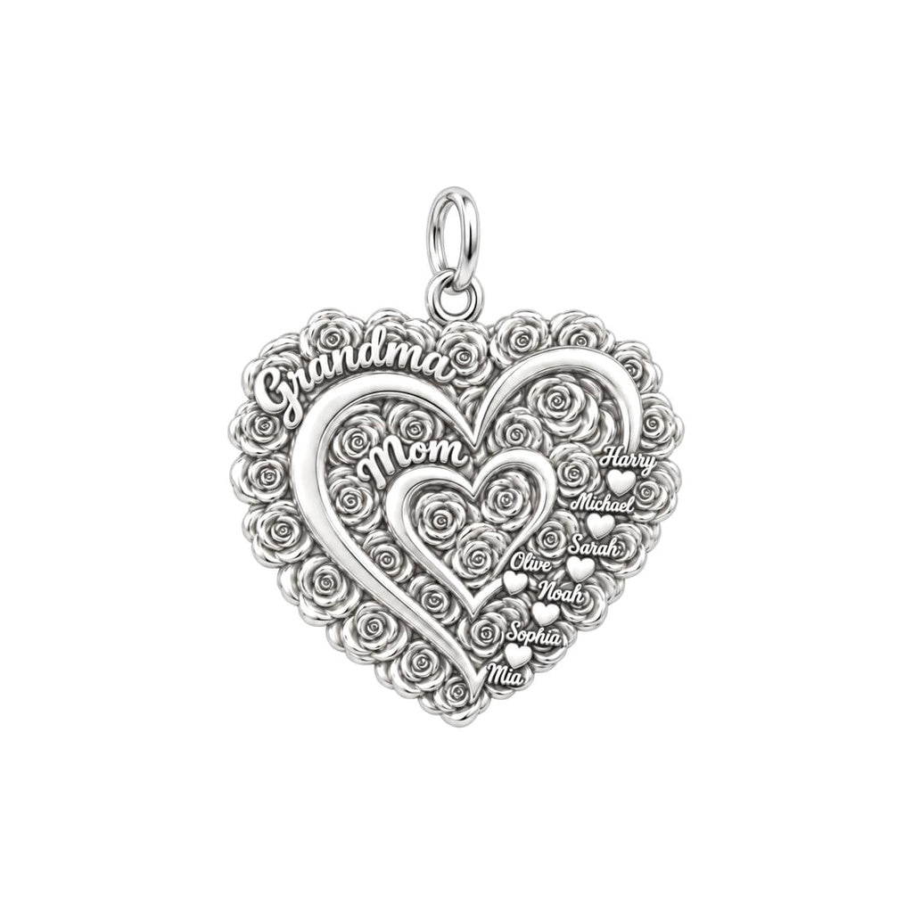 Blooming Generations Heart Charm Bracelet – Personalized Grandma Gift – silver plated 3 cm charm, front view