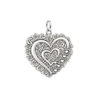 Blooming Generations Heart Charm Bracelet – Personalized Grandma Gift – silver plated 3 cm charm, front view