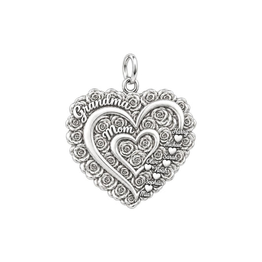 Blooming Generations Heart Charm Bracelet – Personalized Grandma Gift – silver plated 3 cm charm, front view