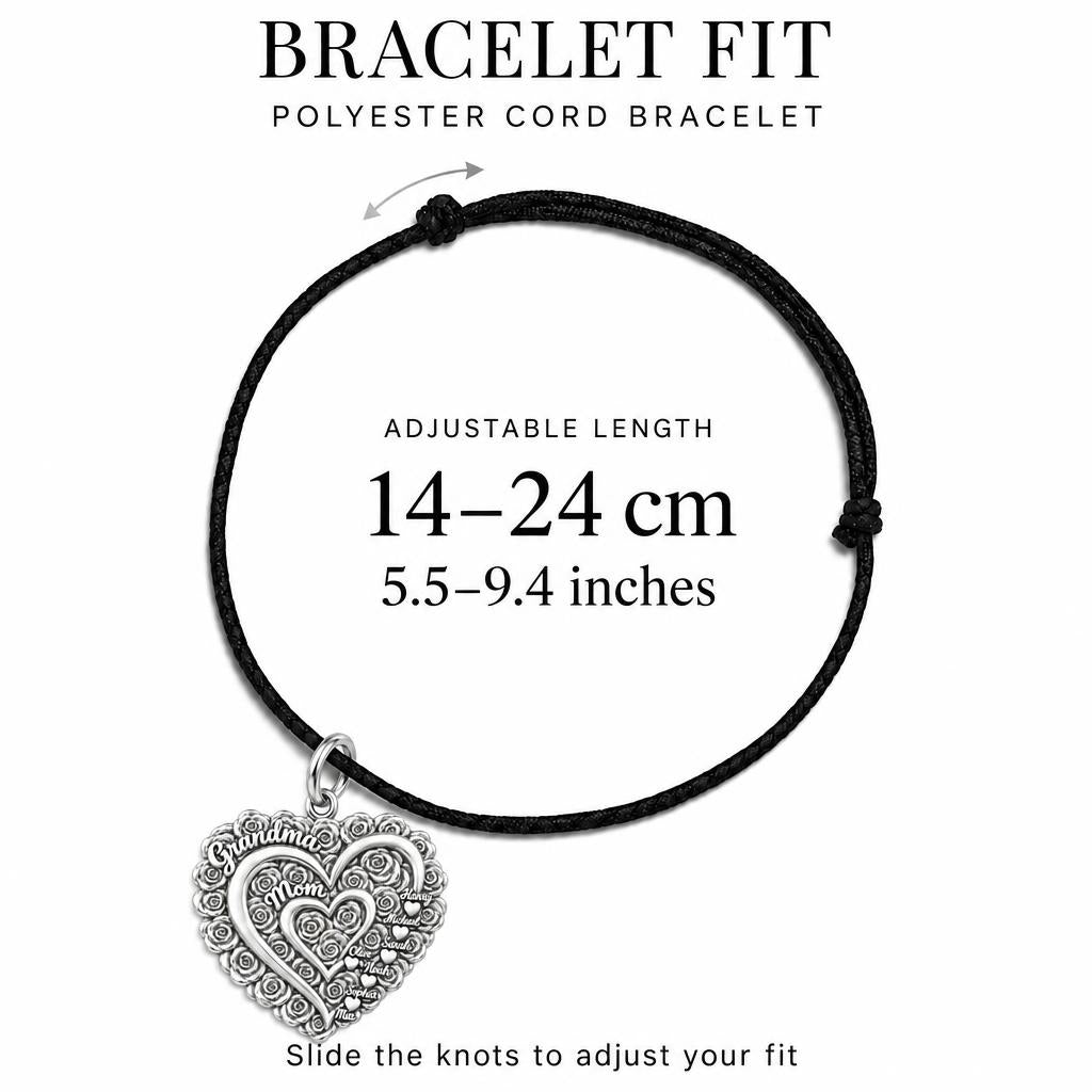 Blooming Generations Heart Charm Bracelet – Personalized Grandma Gift – adjustable black cord bracelet, 14–24 cm