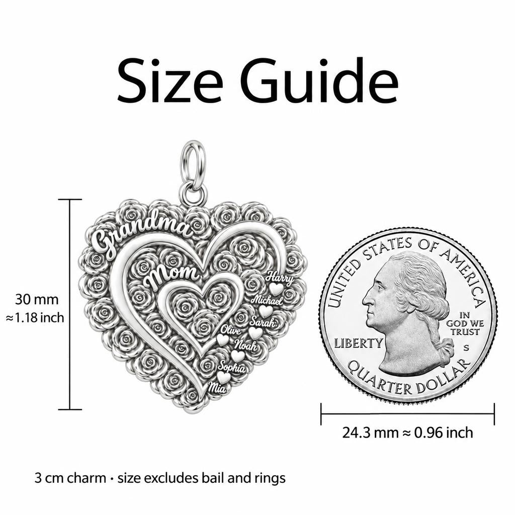 Blooming Generations Heart Charm Bracelet – Personalized Grandma Gift – size guide, 3 cm charm next to a quarter