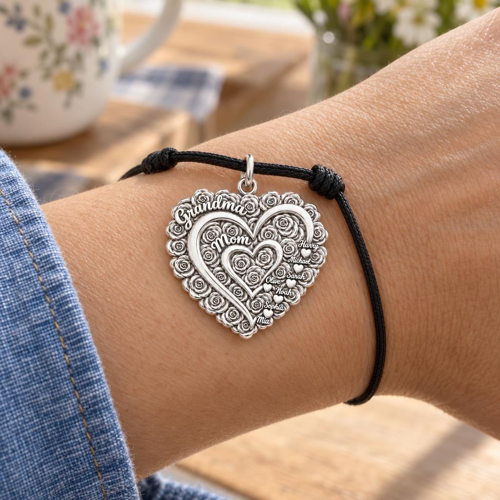 Blooming Generations Heart Charm Bracelet – Personalized Grandma Gift – worn on the wrist on a black cord bracelet