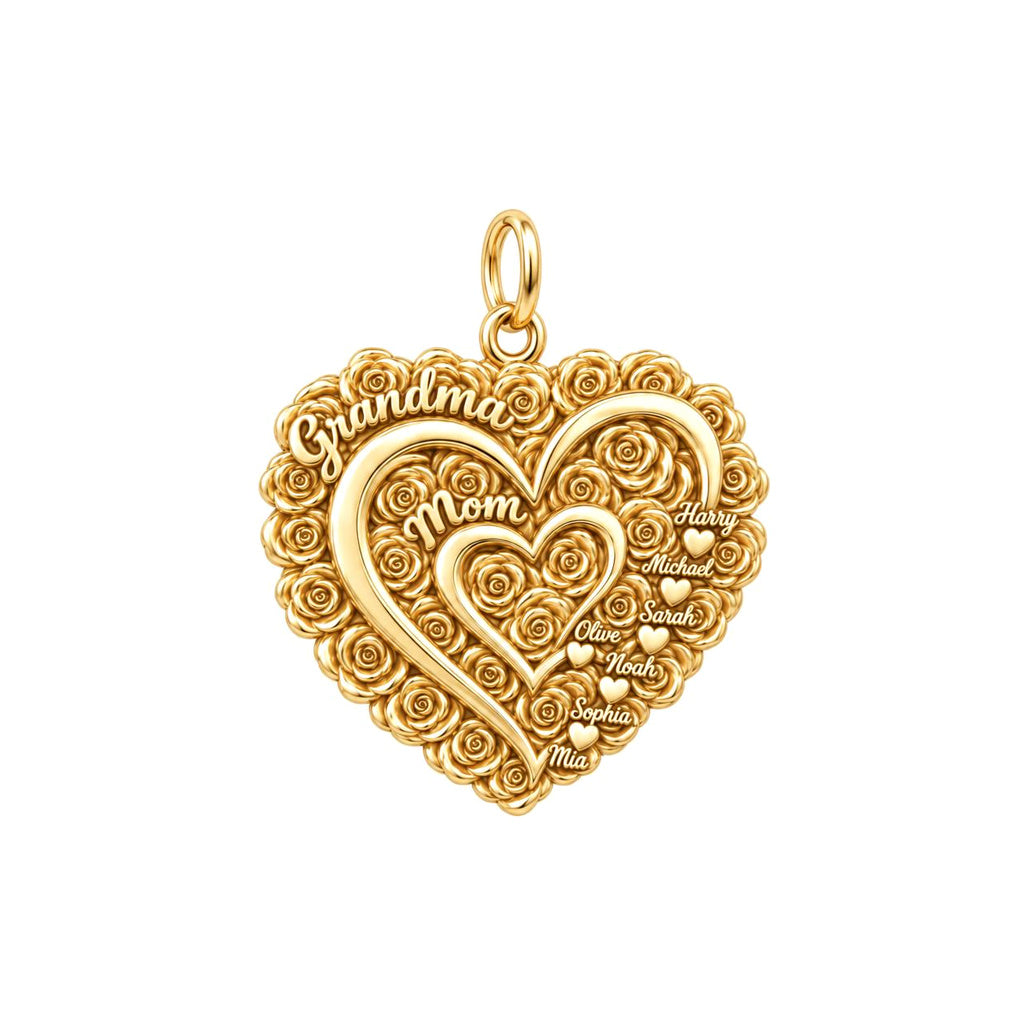 Blooming Generations Heart Charm Bracelet – Personalized Grandma Gift – 18K gold plated 3 cm charm, front view