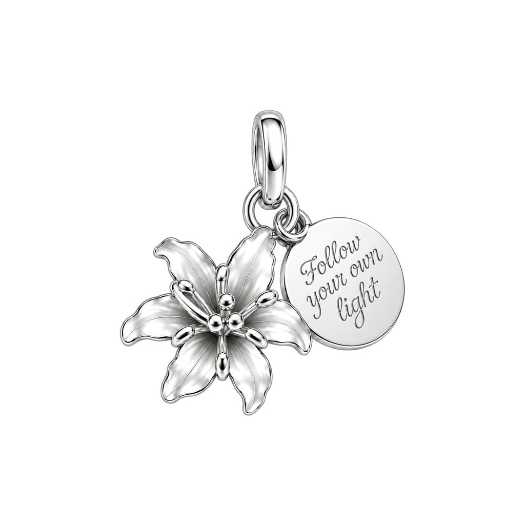 Blooming Lily Charm Bracelet – Personalized Daughter Gift – silver plated 2 cm charm, front view