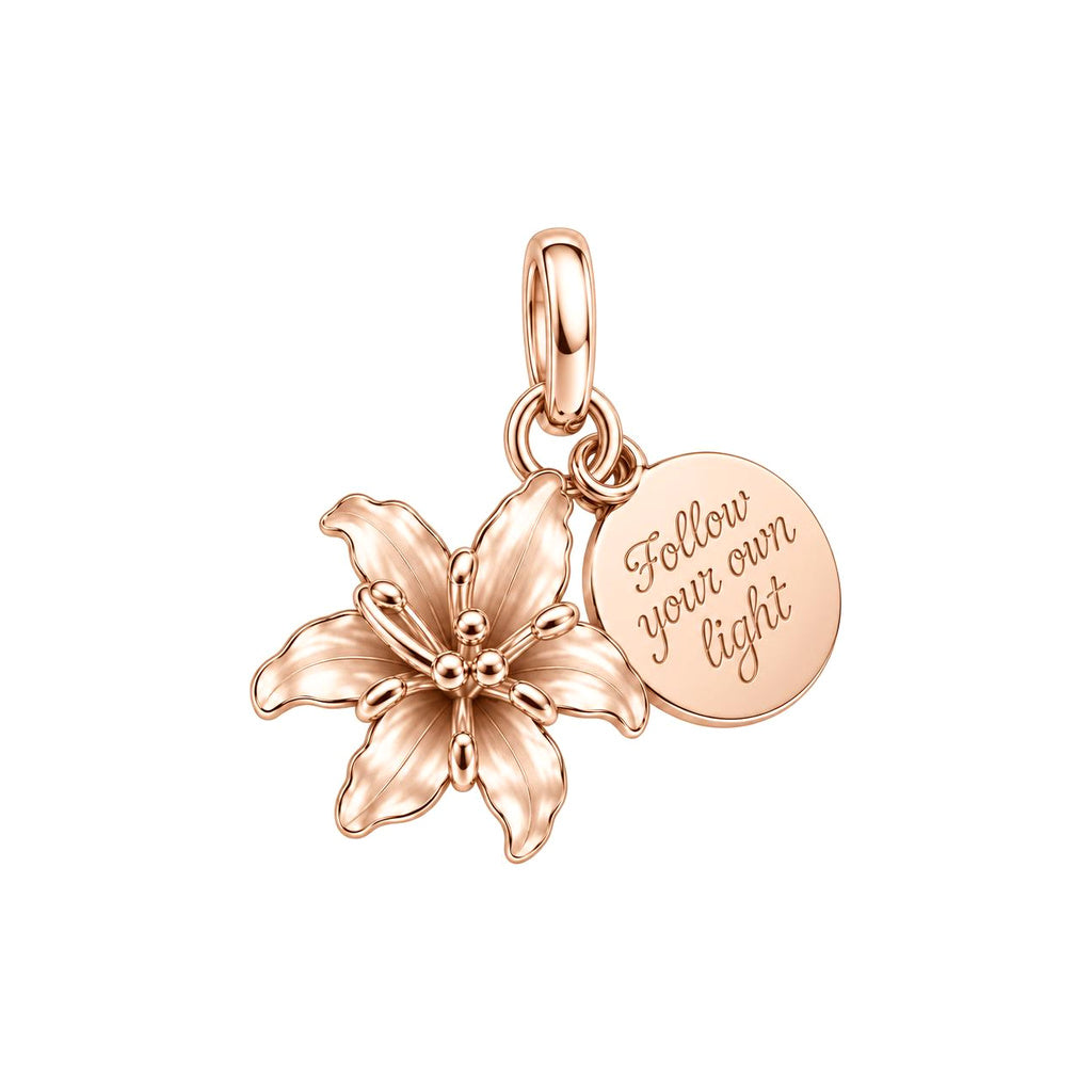 Blooming Lily Charm Bracelet – Personalized Daughter Gift – rose gold 2 cm charm, front view