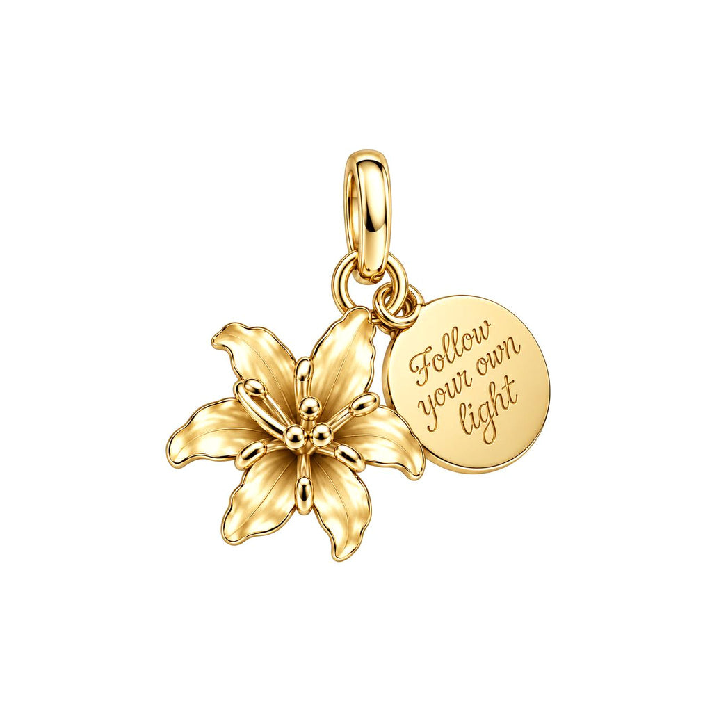 Blooming Lily Charm Bracelet – Personalized Daughter Gift – 18K gold plated 2 cm charm, front view