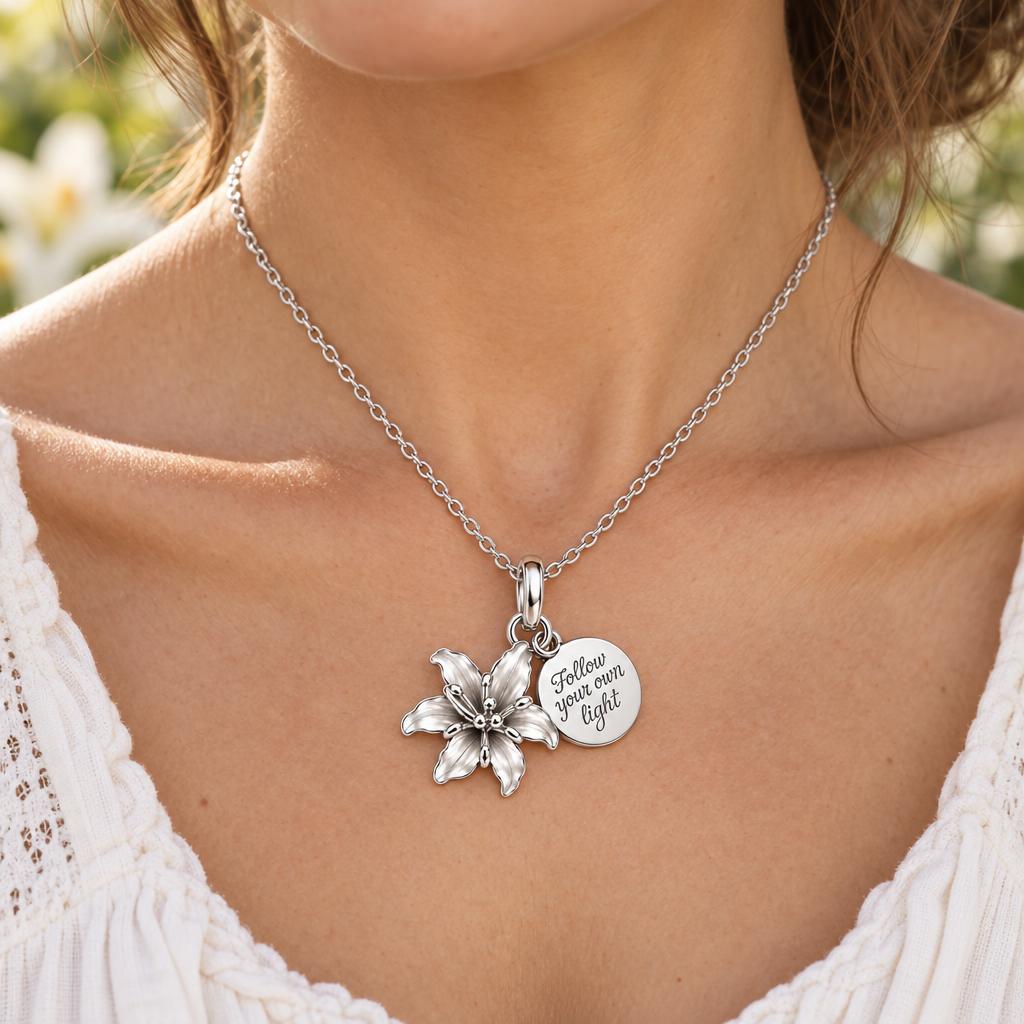 Blooming Lily Inspiration Charm Necklace Set – worn / in use