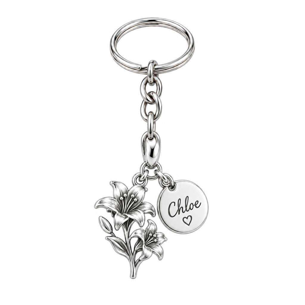 Blooming Lily Petal Charm Keychain – silver, front view